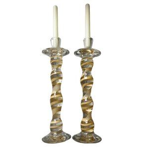 Vintage Art Glass Twisted candle holders set of 2 spiral gold design Artsy MCM